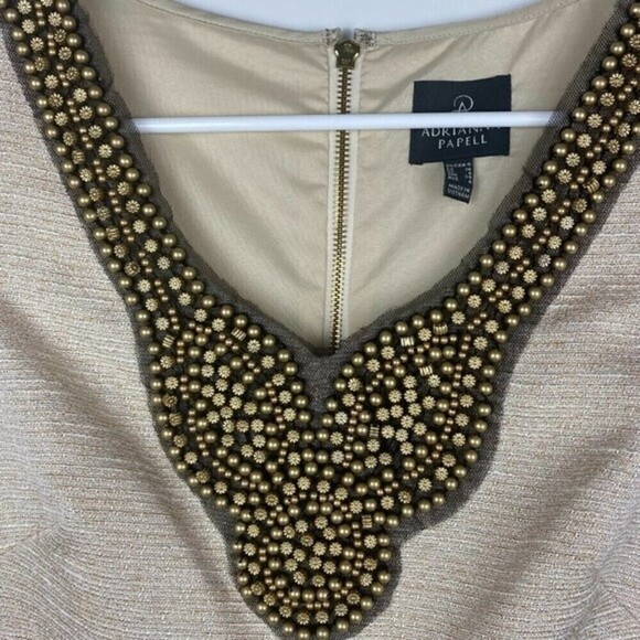 Adrianna Papell Dress Womens Size 4 Beige Short Sleeve V-neck Beaded Dress - Picture 5 of 10